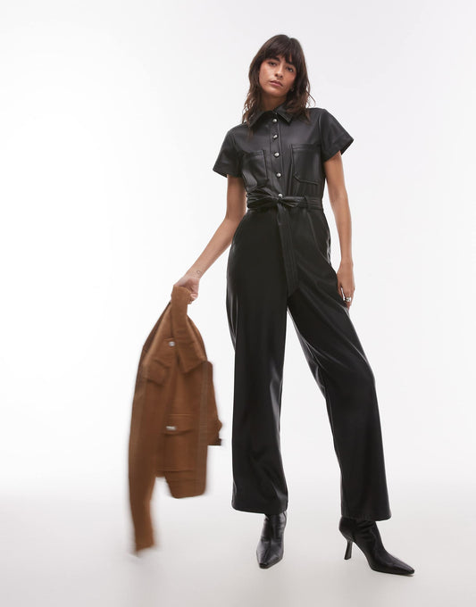 Short Sleeve Utility Faux Leather Jumpsuit