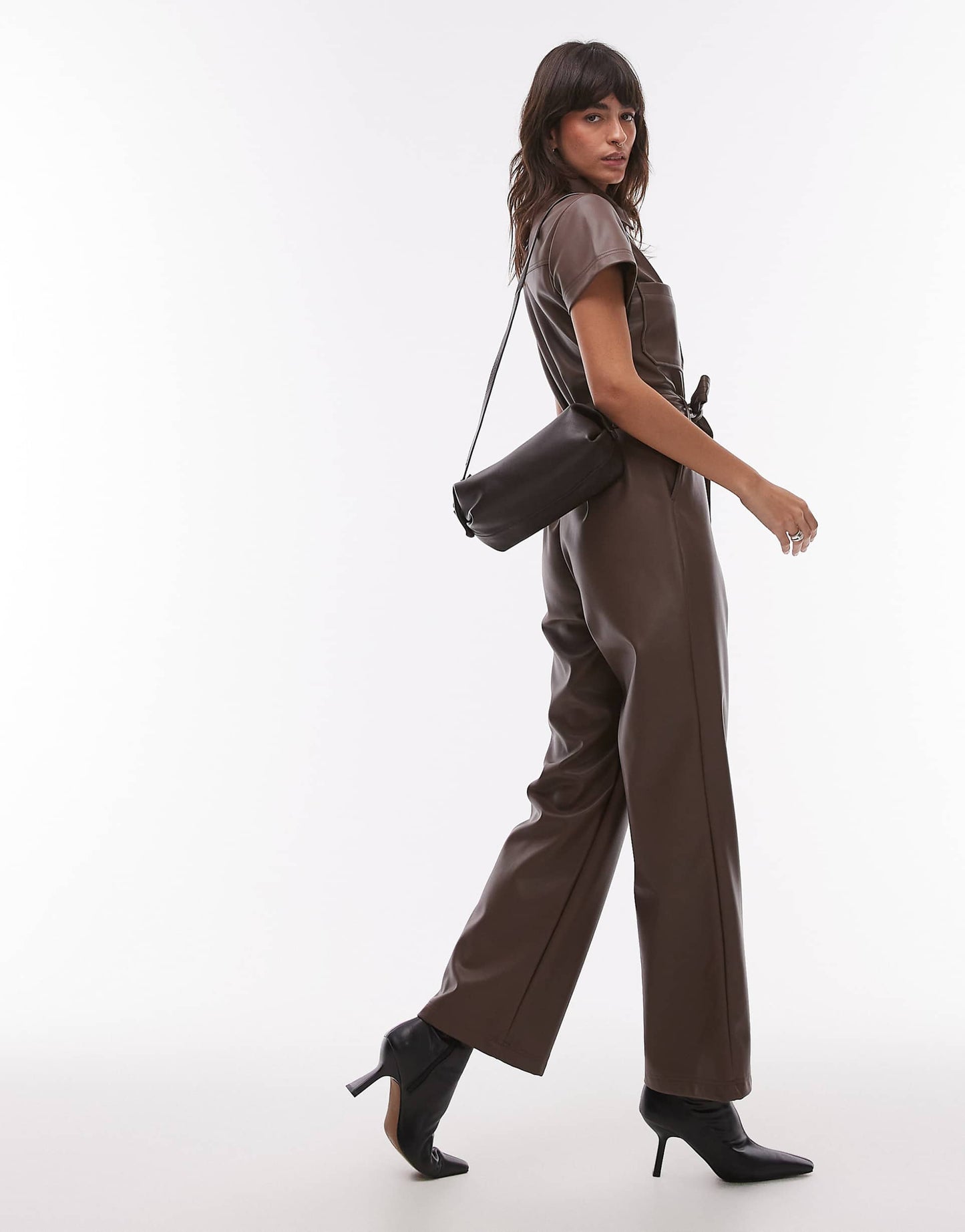 Short Sleeve Utility Faux Leather Jumpsuit