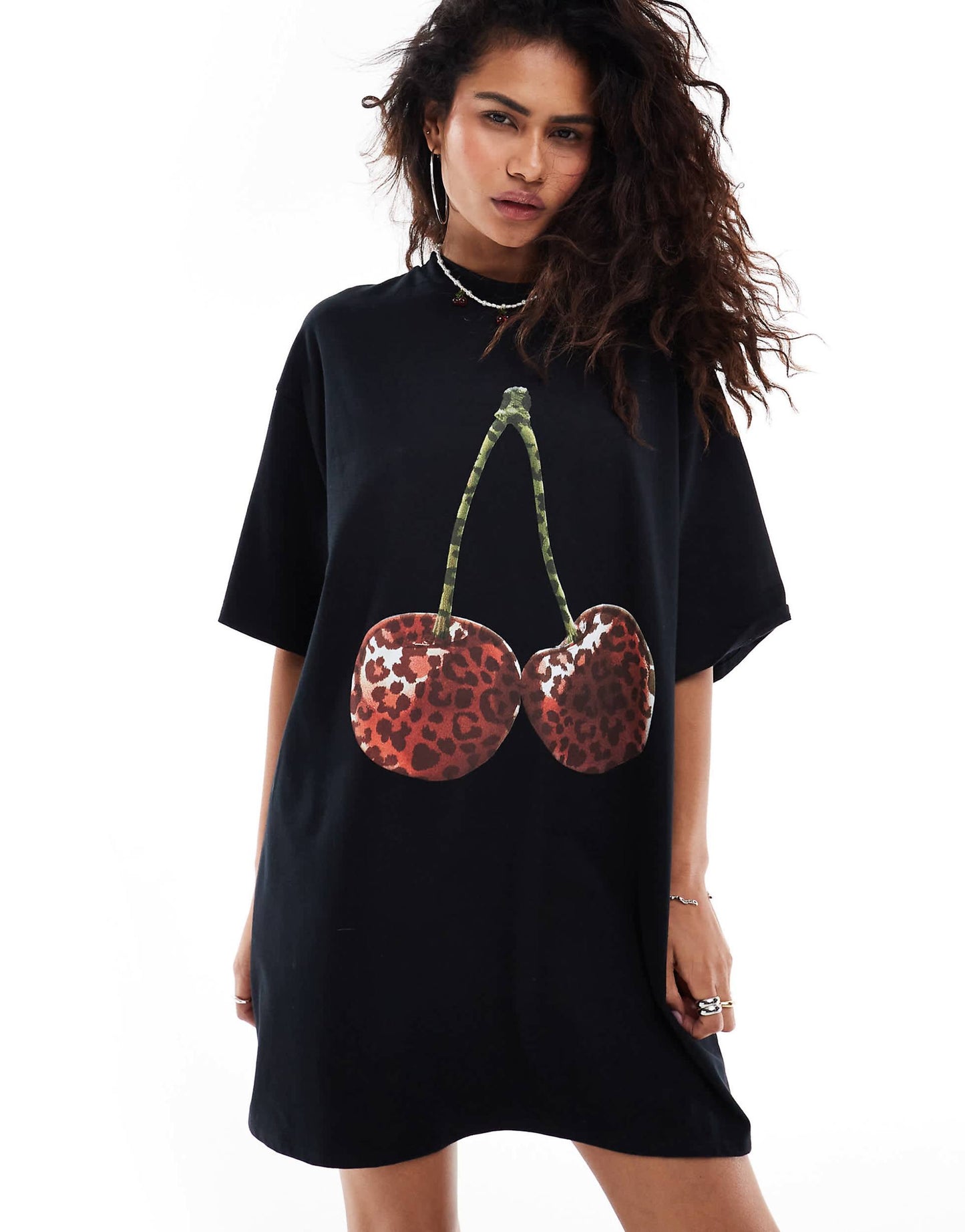 Cherry Leopard Graphic Oversized T-Shirt Mini Dress