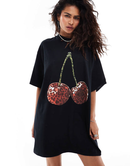 Cherry Leopard Graphic Oversized T-Shirt Mini Dress