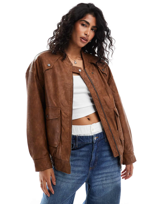 Faux Leather Oversized Bomber Jacket