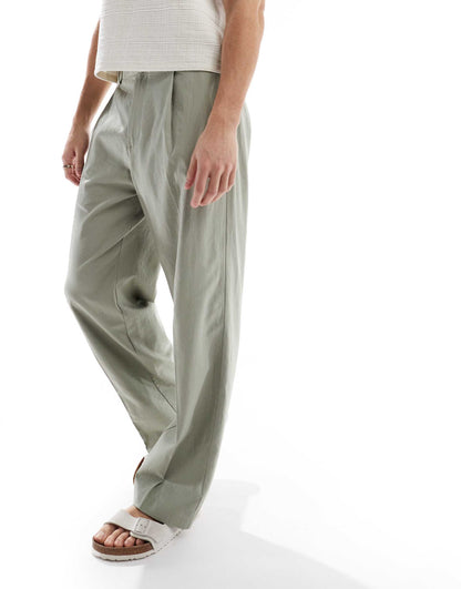 Smart Wide Leg Linen Blend Trousers With Front Pleat