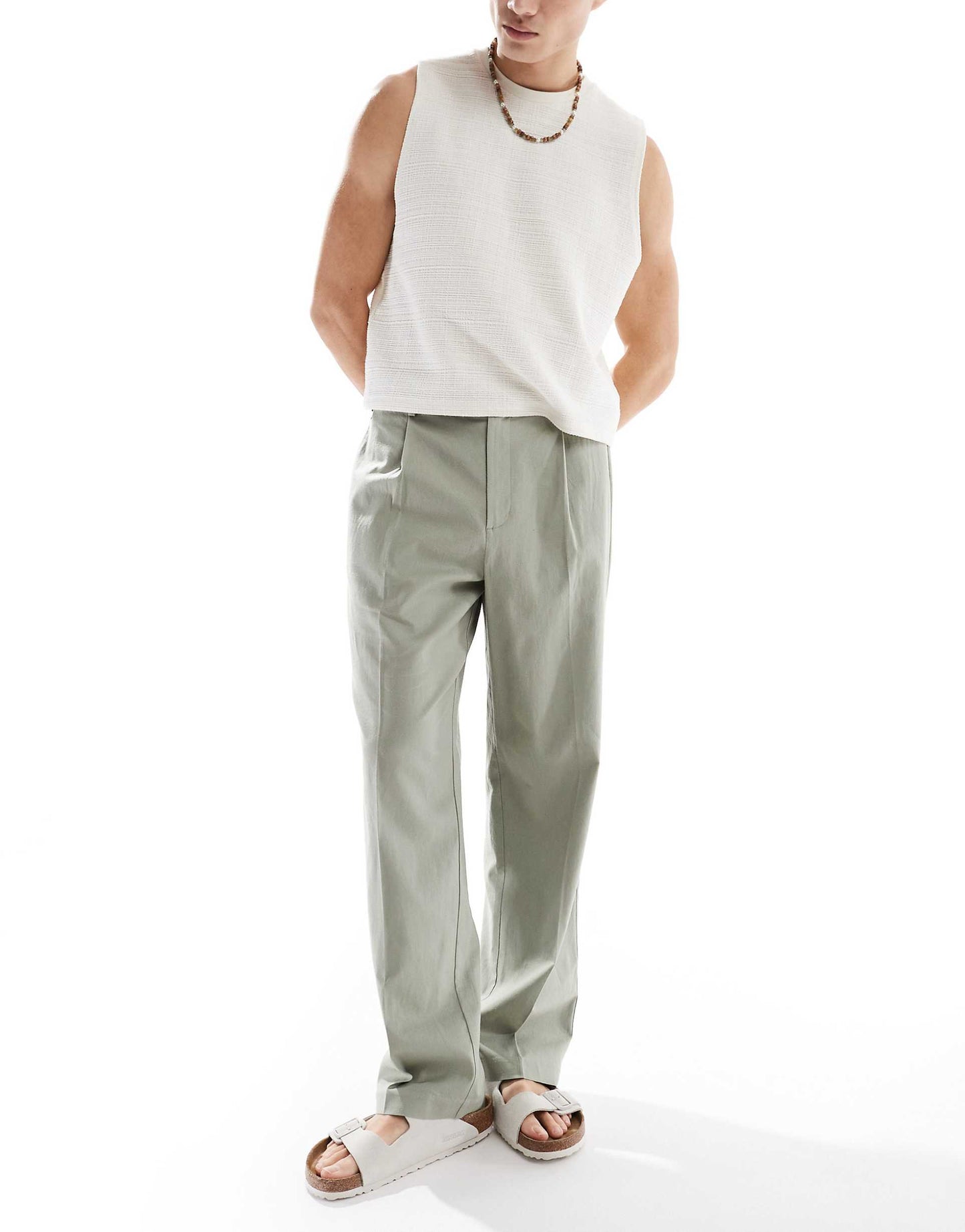 Smart Wide Leg Linen Blend Trousers With Front Pleat