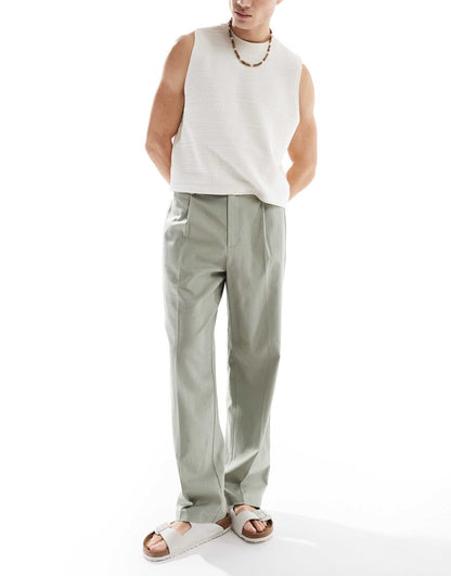 Smart Wide Leg Linen Blend Trousers With Front Pleat