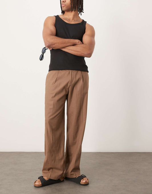 Smart Wide Leg Linen Blend Trousers With Front Pleat