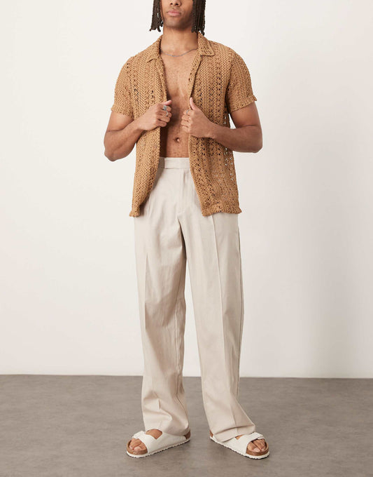 Smart Wide Leg Linen Blend Trousers With Front Pleat
