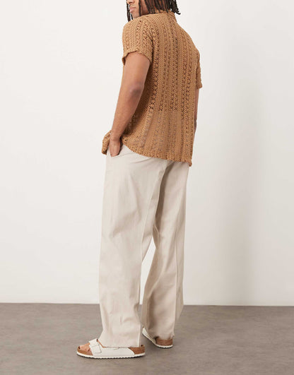 Smart Wide Leg Linen Blend Trousers With Front Pleat