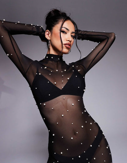 Pearl Embellished Mesh Jumpsuit