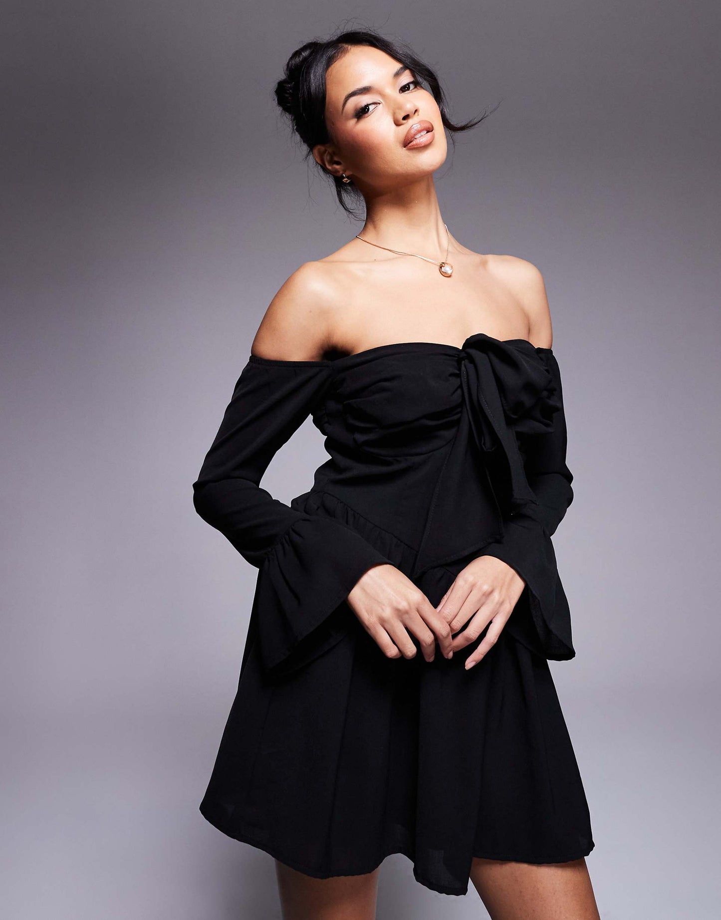 Bardot Long Sleeve Ruffle Hem Mini Dress