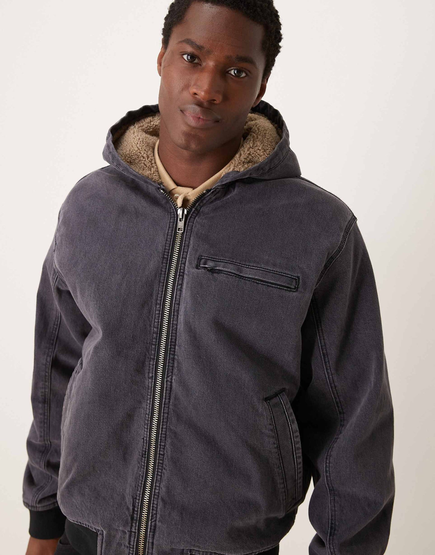 Workwear Sherpa Lined Address Back Hooded Denim Bomber