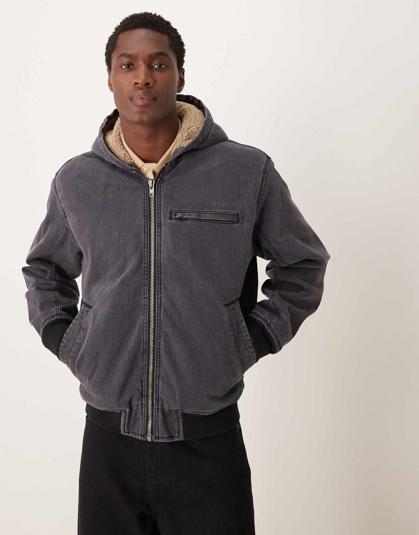 Workwear Sherpa Lined Address Back Hooded Denim Bomber