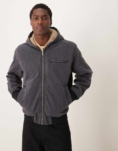 Workwear Sherpa Lined Address Back Hooded Denim Bomber