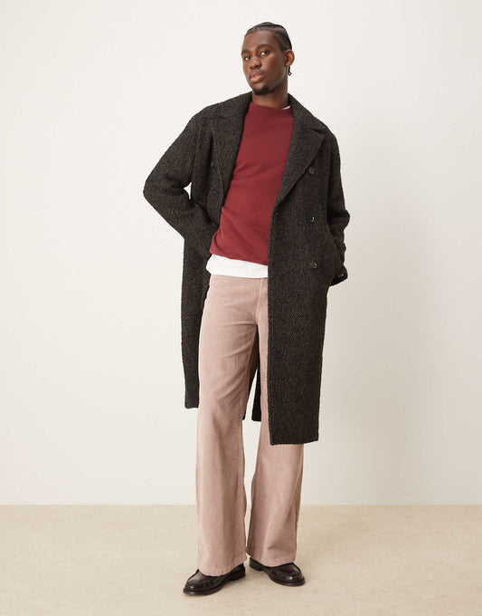 Double Breasted Wool Blend Herringbone Overcoat
