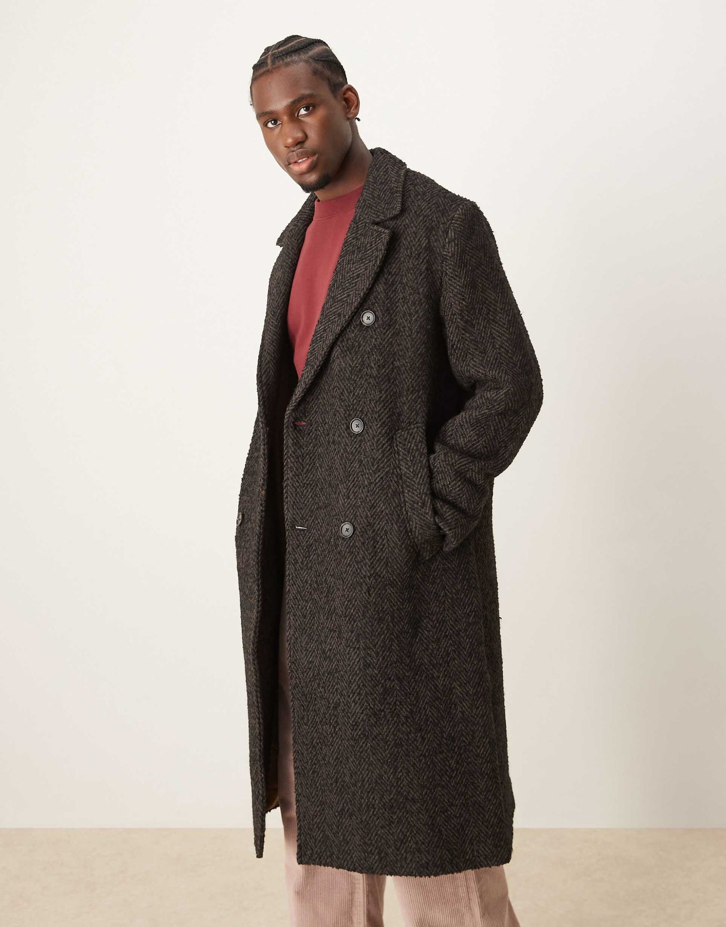 Double Breasted Wool Blend Herringbone Overcoat
