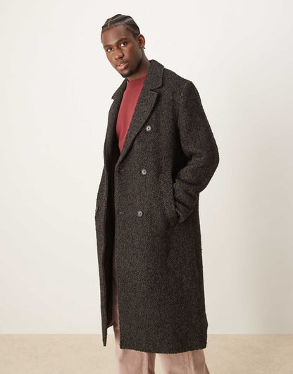 Double Breasted Wool Blend Herringbone Overcoat