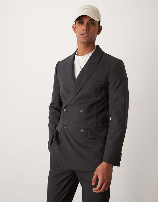 Double Breasted Wool Blend Flannel Blazer