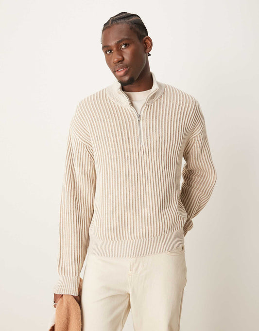 Oversized Half Zip Stripe Stitch Knit Jumper