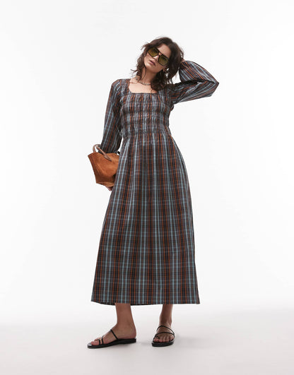 Shirred Long Sleeve Midi Dress