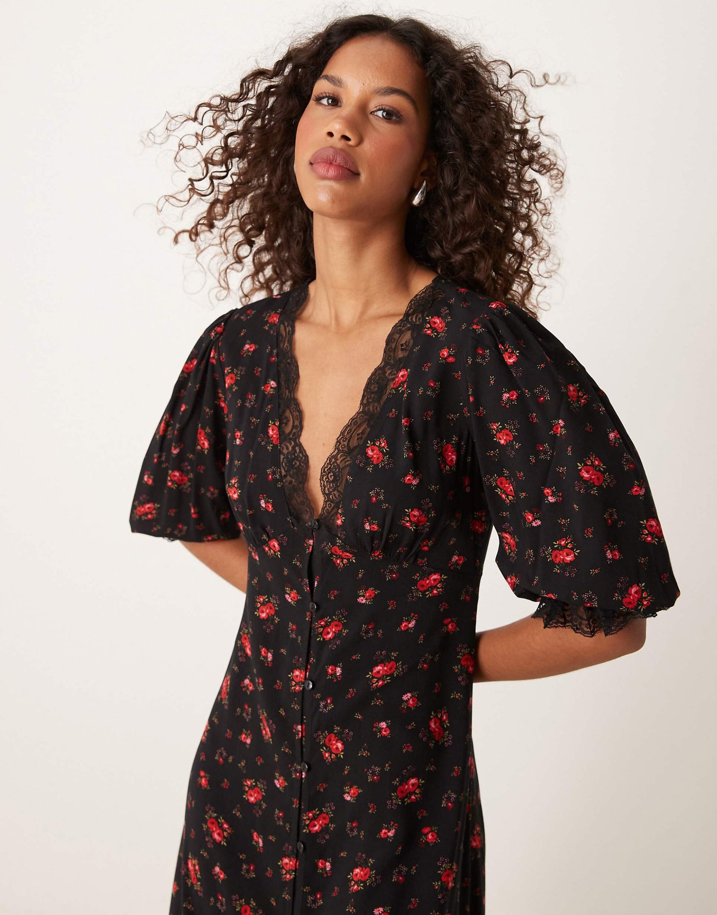 Lace Trim Button Through Maxi Dress