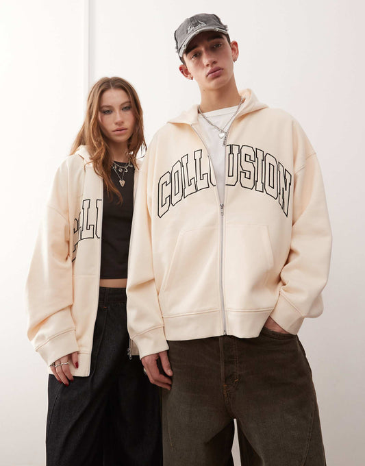 Unisex Varsity Embroidered Zip Through Hoodie
