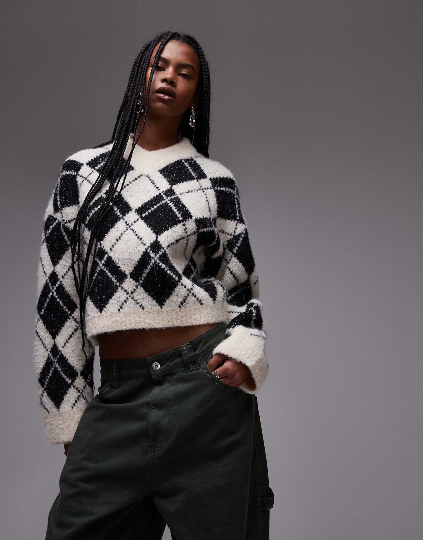 Knitted Diamond High V Neck Jumper