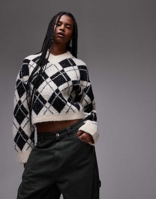 Knitted Diamond High V Neck Jumper