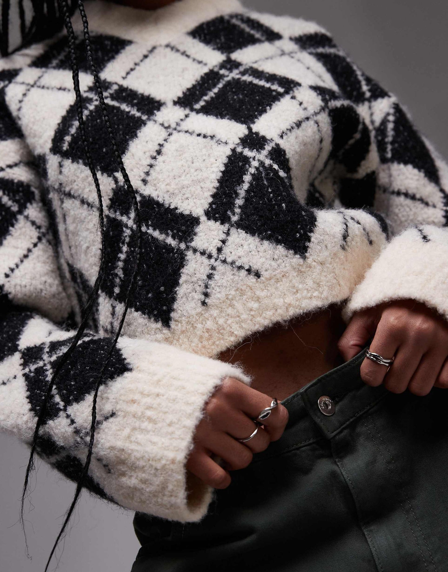 Knitted Diamond High V Neck Jumper