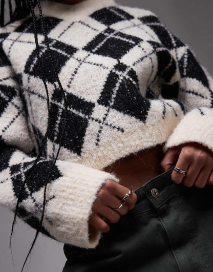 Knitted Diamond High V Neck Jumper