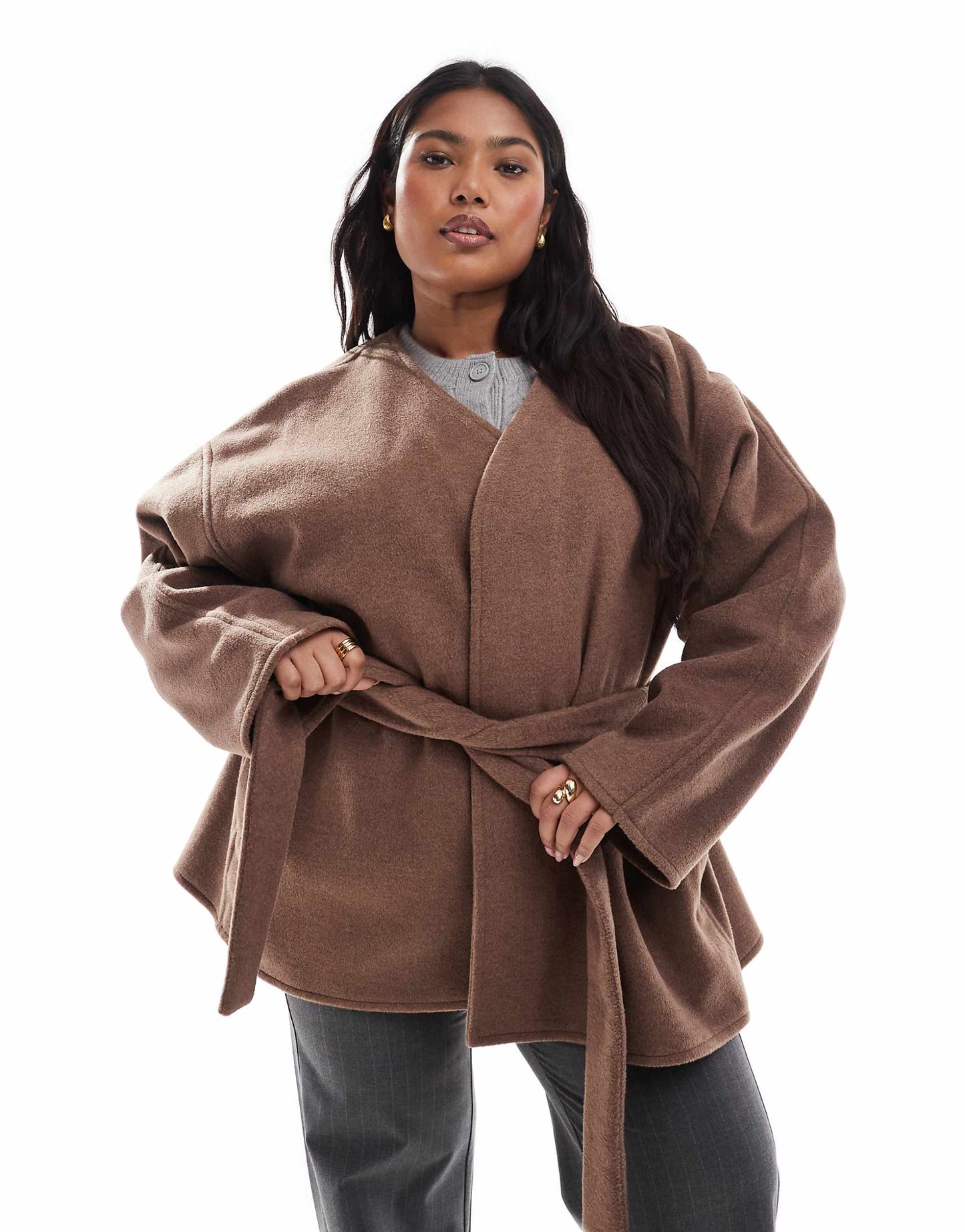 Curve Belted Collarless Formal Coat