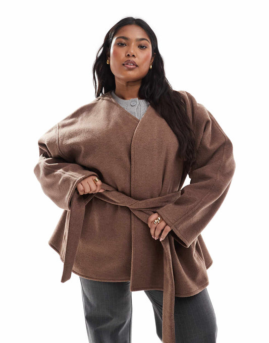 Curve Belted Collarless Formal Coat
