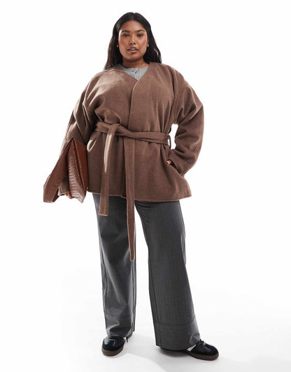 Curve Belted Collarless Formal Coat