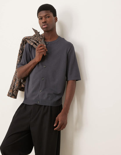 Relaxed Boxy Fit Knitted Crew Neck Button Through Tshirt