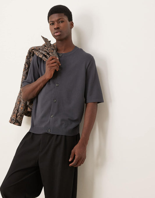 Relaxed Boxy Fit Knitted Crew Neck Button Through Tshirt