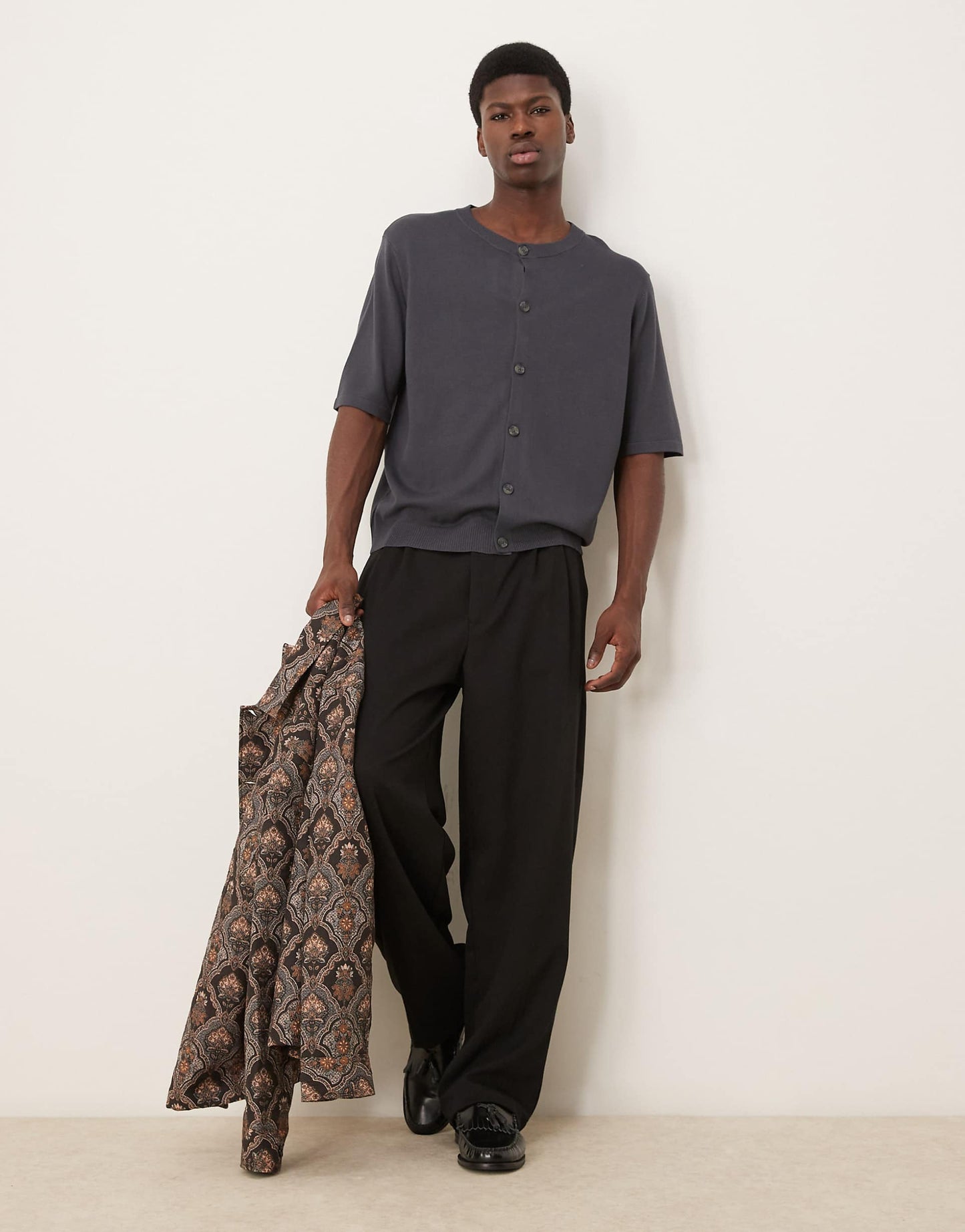 Relaxed Boxy Fit Knitted Crew Neck Button Through Tshirt