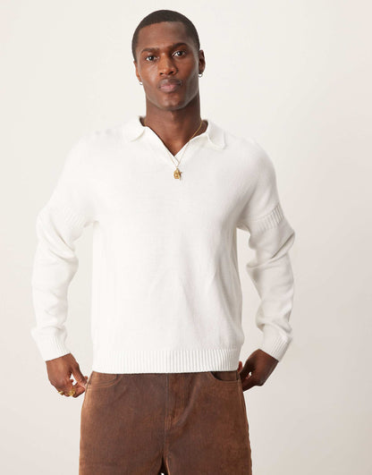 Relaxed Boxy Fit Knitted Notch Neck Jumper