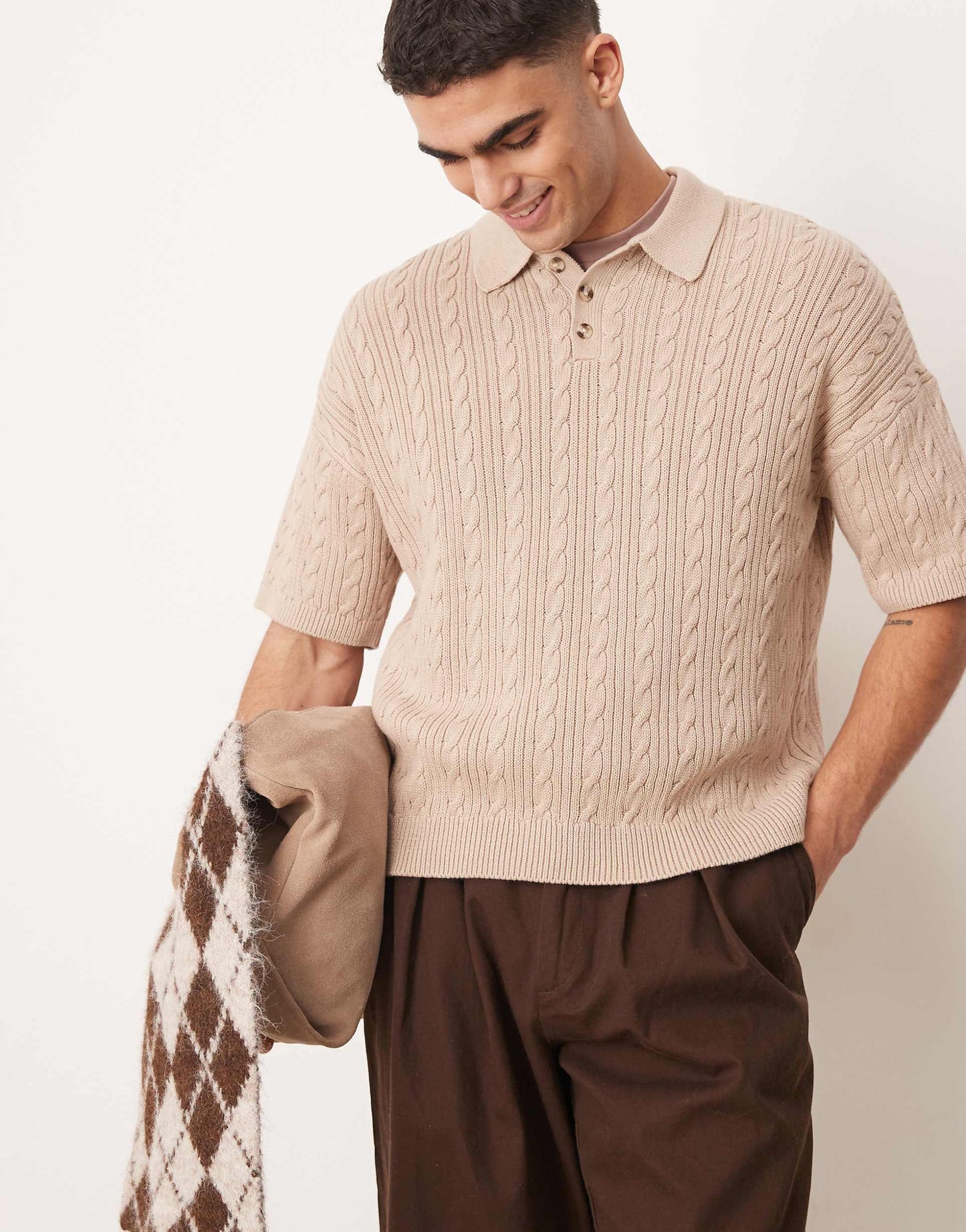 Relaxed Boxy Fit Ribbed Knitted Polo