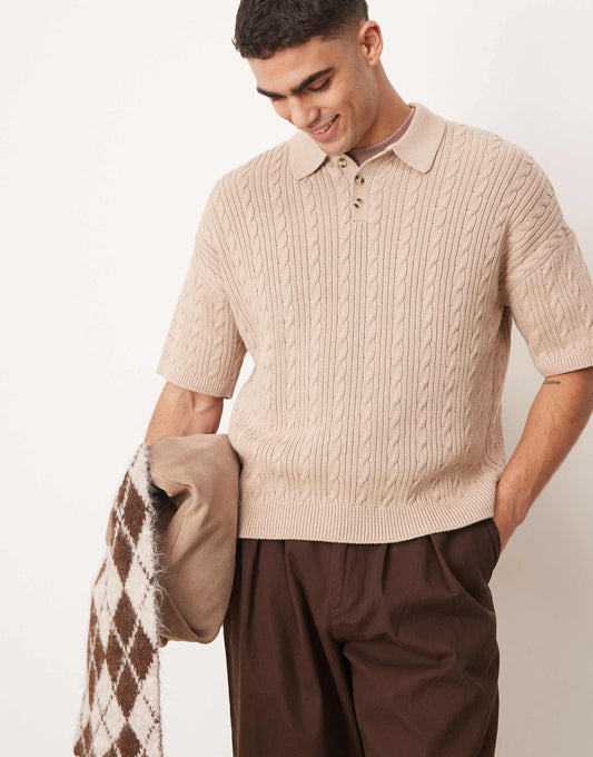 Relaxed Boxy Fit Ribbed Knitted Polo