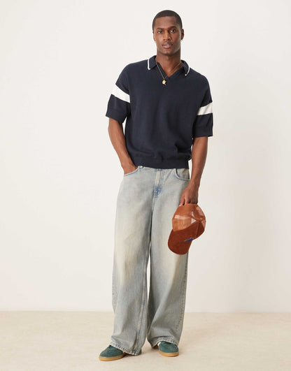 Relaxed Boxy Fit Notch Neck Polo With Sleeve Panel