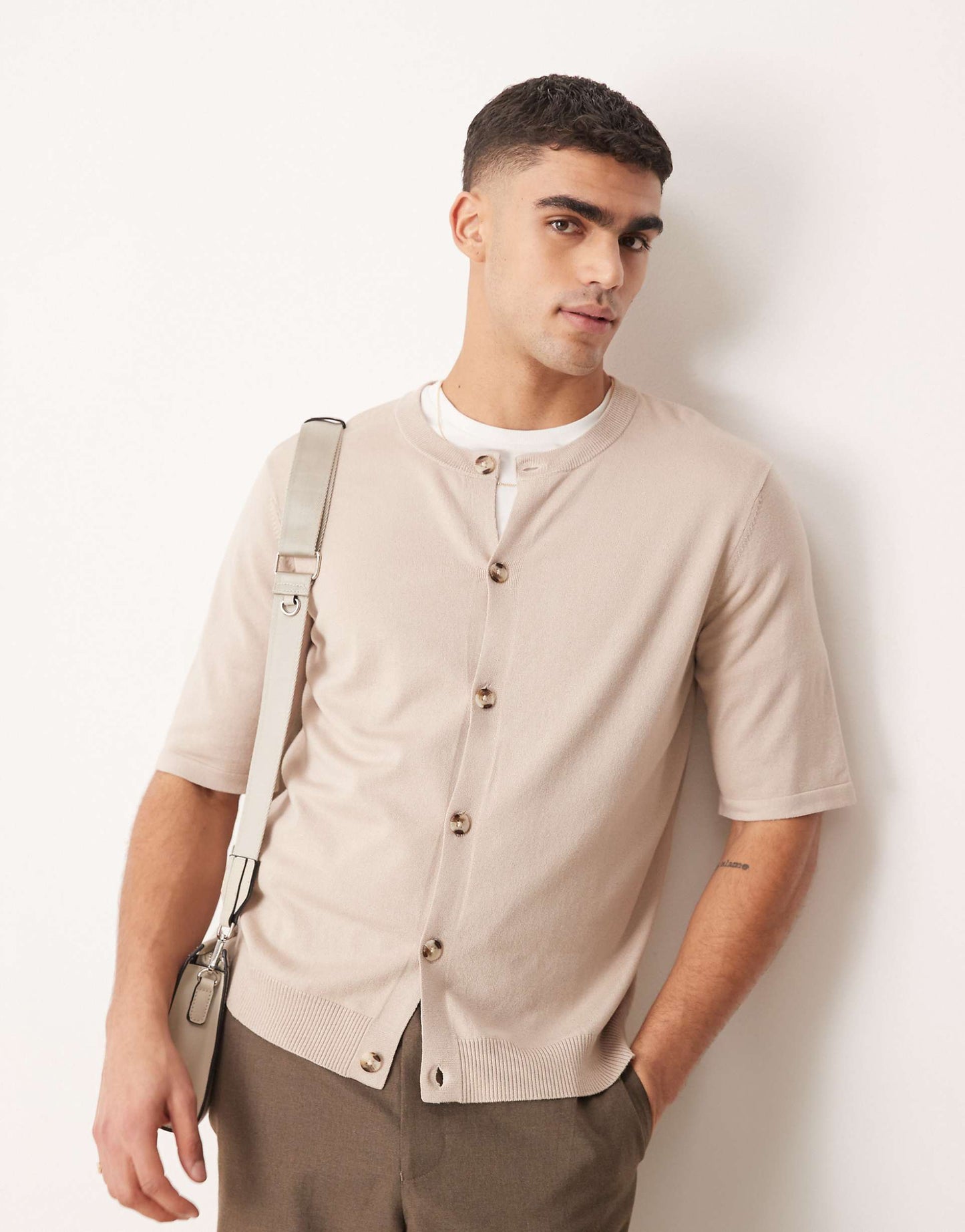 Relaxed Boxy Fit Knitted Crew Neck Button Through Tshirt