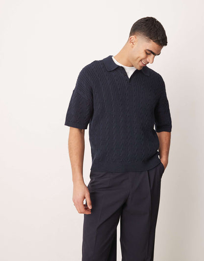 Relaxed Boxy Fit Ribbed Knitted Polo