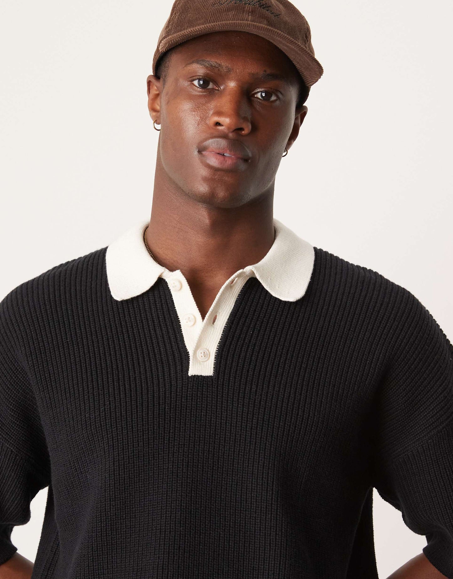 Relaxed Boxy Fit Knitted Polo With 3/4 Length Sleeves