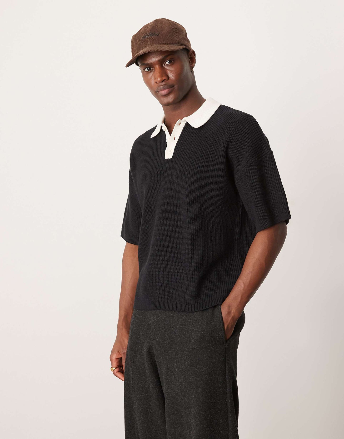 Relaxed Boxy Fit Knitted Polo With 3/4 Length Sleeves