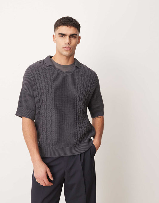 Relaxed Boxy Fit Cable Knitted Notch Neck Polo