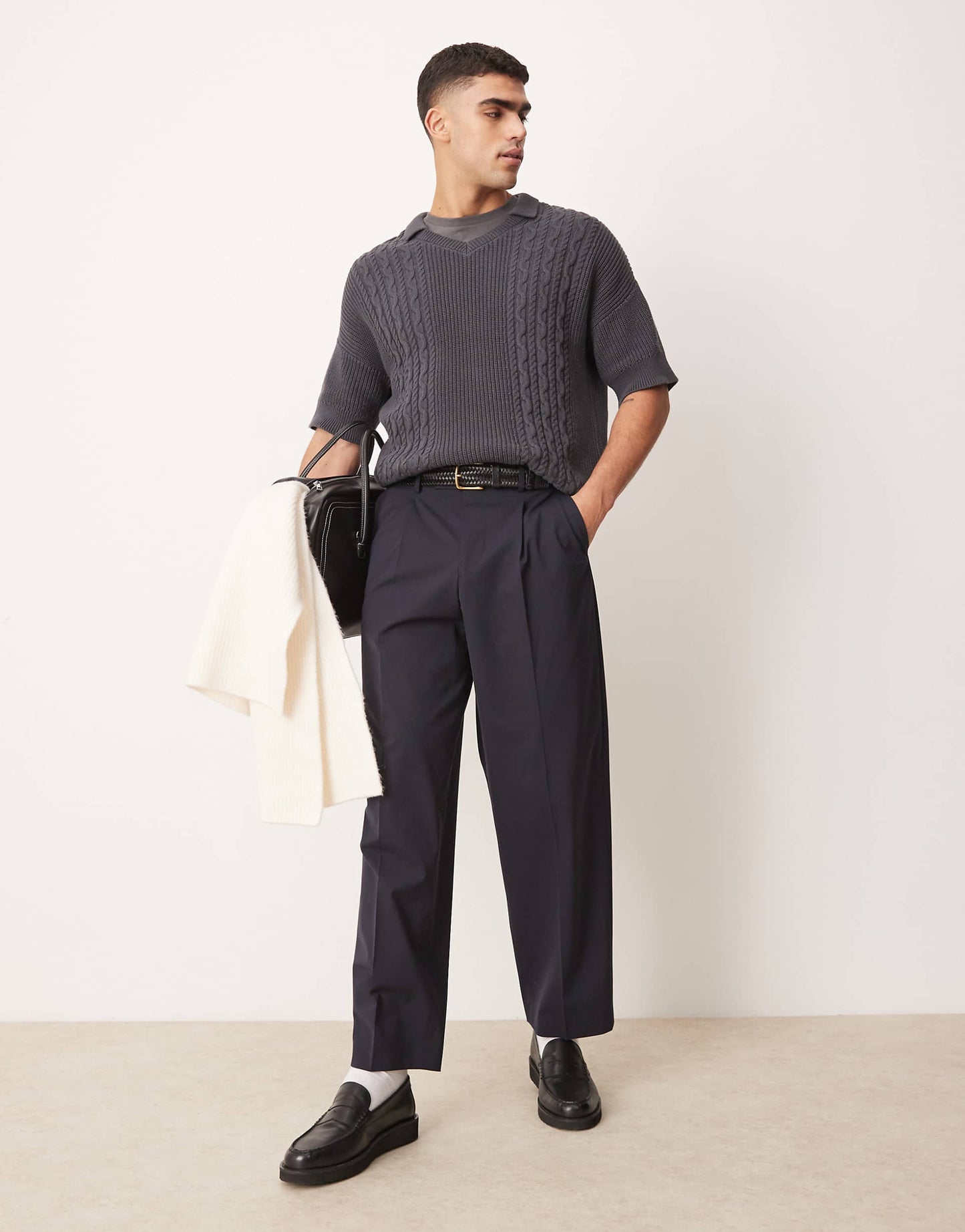 Relaxed Boxy Fit Cable Knitted Notch Neck Polo