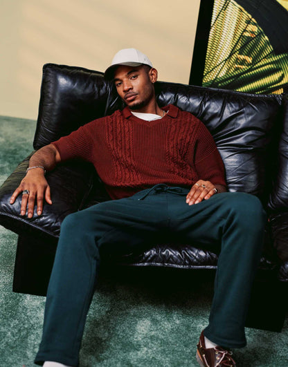 Relaxed Boxy Fit Cable Knitted Notch Neck Polo