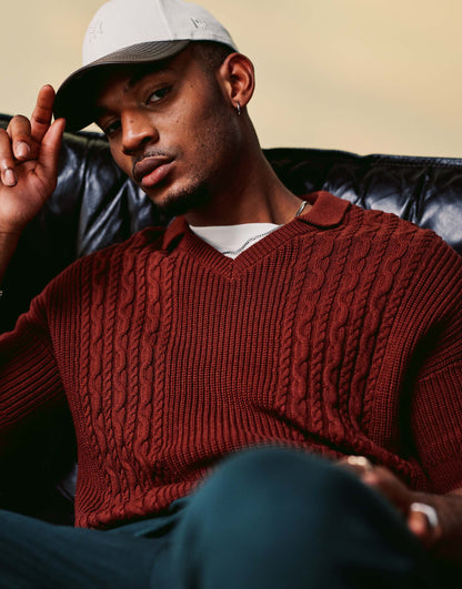 Relaxed Boxy Fit Cable Knitted Notch Neck Polo