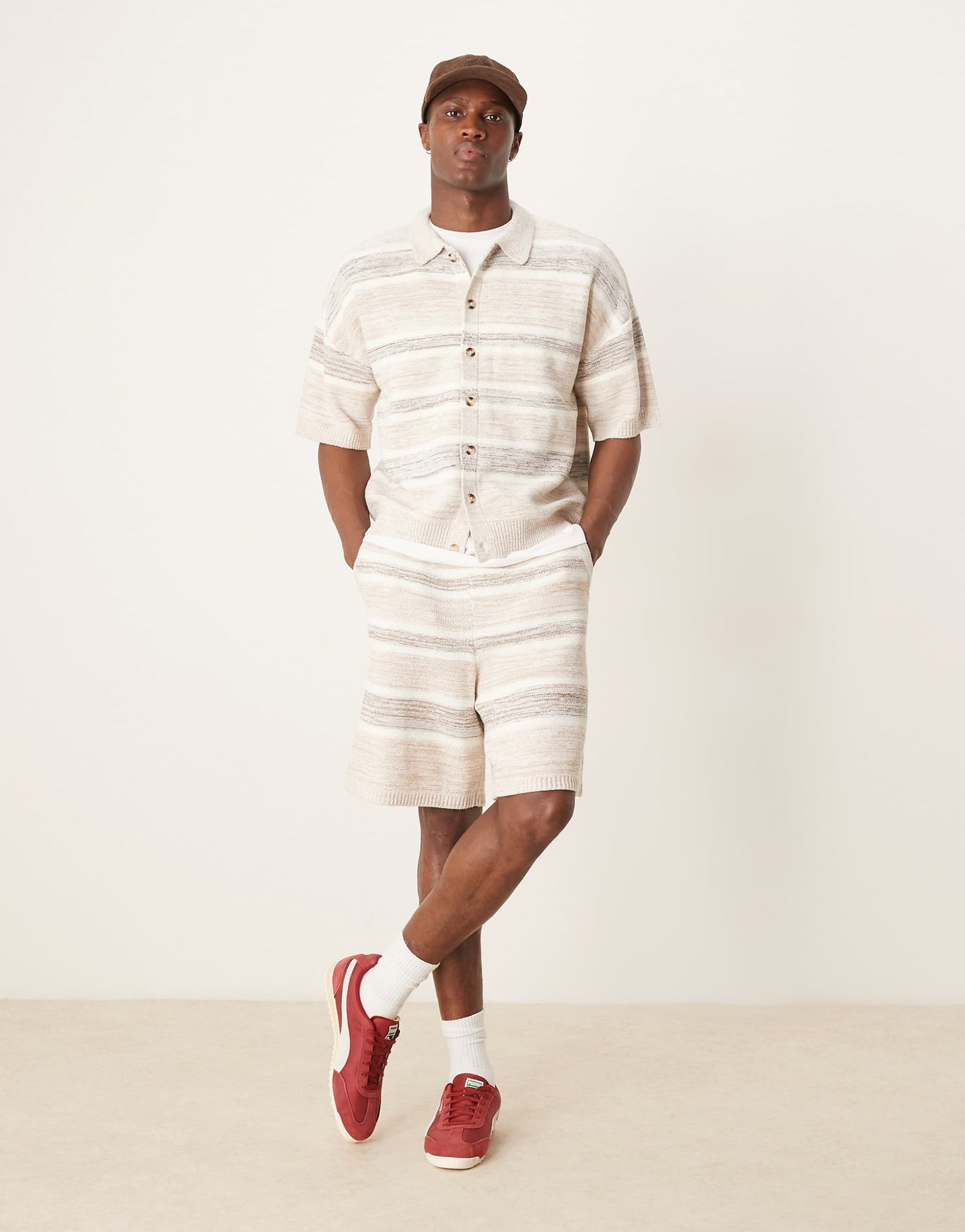 Co-Ord Relaxed Boxy Fit Knitted Button Through Polo With Space Dye Stripe