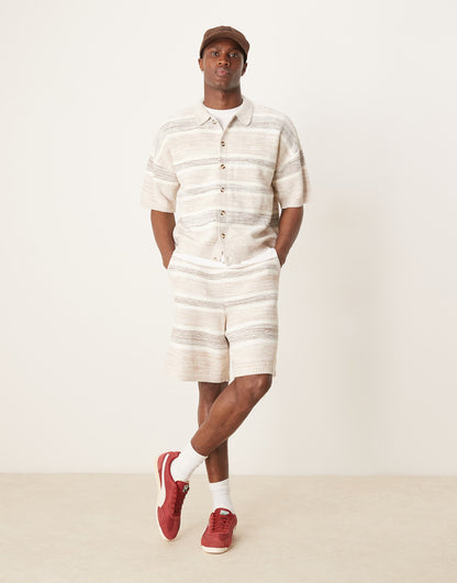 Co-Ord Relaxed Boxy Fit Knitted Button Through Polo With Space Dye Stripe