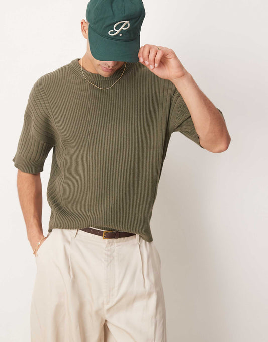 Relaxed Knitted Tshirt With Rib Panel