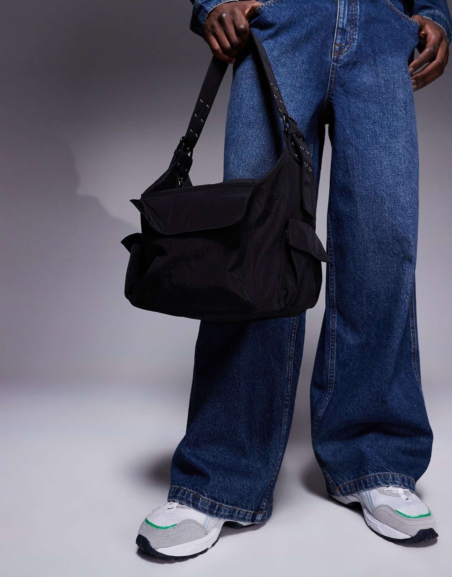 Nylon Tote Bag With Buckled Strap